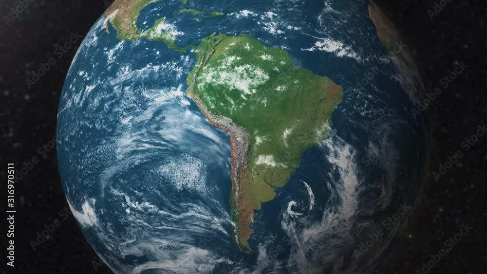 Earth zoom to South America satellite view 3d animation