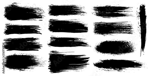 Vector set of grunge artistic brush strokes, brushes. Creative design elements. Grunge watercolor wide brush strokes. Black collection isolated on white background