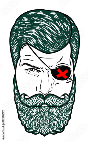 Portrait of a pirate with a cross on his eye and with a beard and mustache