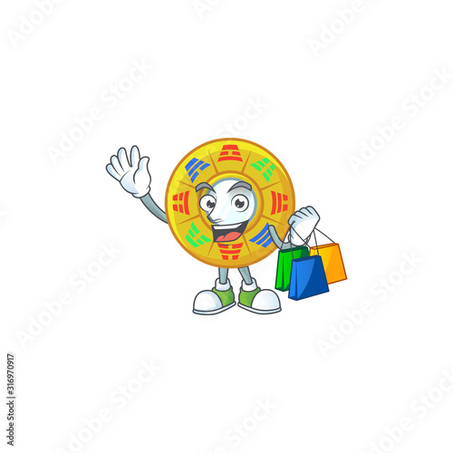 A happy rich chinese circle feng shui waving and holding Shopping bag