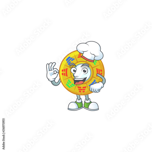 Chinese circle feng shui cartoon character wearing costume of chef and white hat