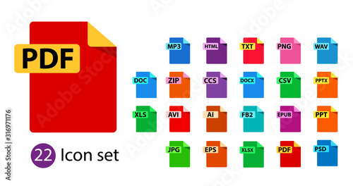 Collection of vector icons. File format extensions icons. PDF, DOC, JPG, PSD, MP3, TXT DOC DOCx ZIP PPT XLS