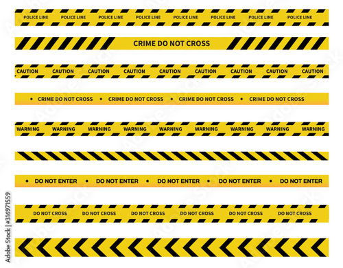 Caution and danger tapes. Warning tape. Black and yellow line striped. Police line. Vector illustration