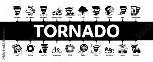 Tornado And Hurricane Minimal Infographic Web Banner Vector. Tornado Blowing House Roof, Cyclone On Planet Globe, Twister Weather Concept Illustrations