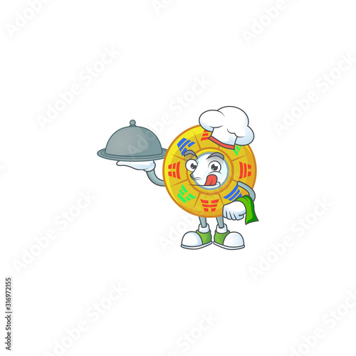 cartoon design of chinese circle feng shui as a Chef having food on tray