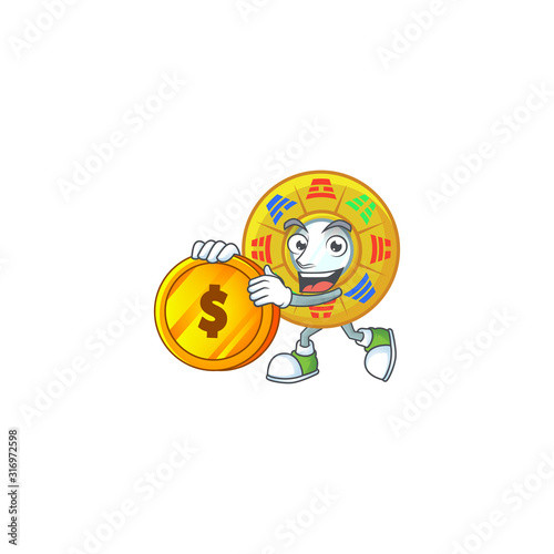 Rich chinese circle feng shui mascot cartoon design style with gold coin