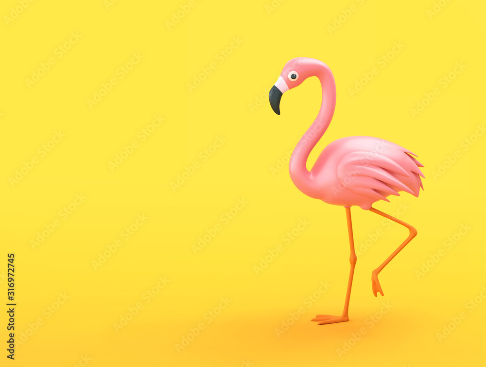 Fototapeta premium Cartoon pink flamingo on yellow background