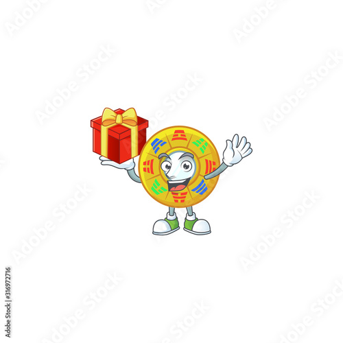 Happy face chinese circle feng shui cartoon character having a box of gift