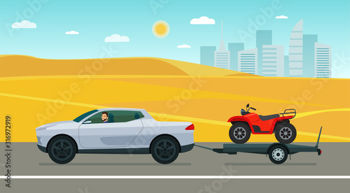 Fototapeta Naklejka Na Ścianę i Meble -  Pickup truck car with a driver tows a trailer with an ATV in the desert. Vector flat style illustration.