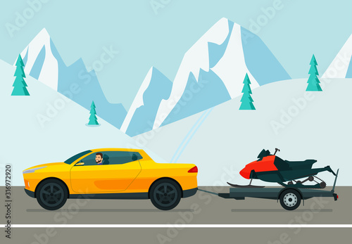 Pickup truck car with a driver tows a trailer with a snowmobile on a winter road. Vector flat style illustration.