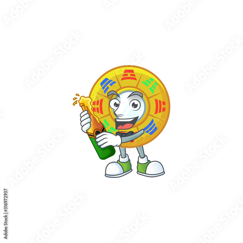 mascot cartoon design of chinese circle feng shui with bottle of beer