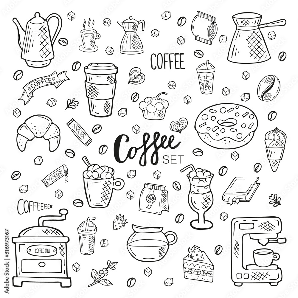 Big hand drawn coffee set. Lettering and objects in doodle style ...