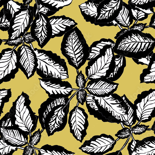 Pattern with leaves, ocher background. Fabric floral design. Hand drawn illustration.