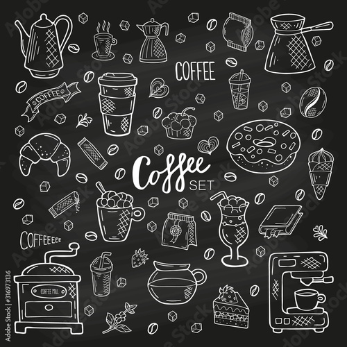 Big hand drawn coffee set. Lettering and objects in doodle style. White outline on a black background or chalkboard. Elements for card, social media banner, sticker, menu, design. Vector illustration