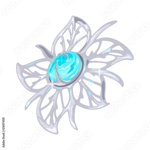 Elegant floral carved platinum, white golden or silver brooch, charm or pendant with five petals and light blue transparent aquamarine or topaz in centre. Beautiful accessory. Realistic vector.