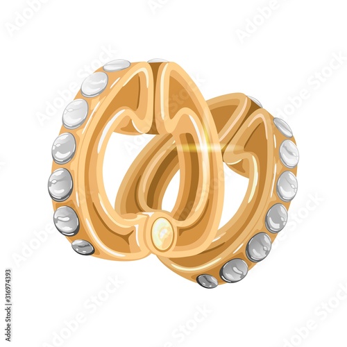 Elegant yellow gold earrings with shiny diamonds. Luxury earclips with phianite or cubic zirconia. Vector realistic illustration for fashion, jewelry, bijouterie sale banner, poster, flyer, ads.