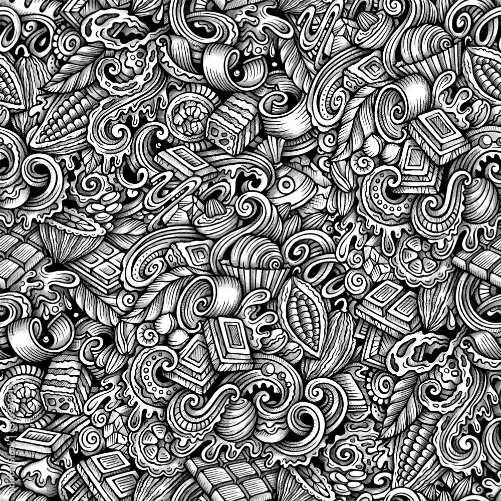 Chocolate vector hand drawn doodles seamless pattern.