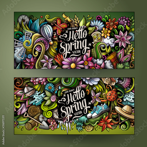 Cartoon cute colorful vector hand drawn doodles Spring season banners