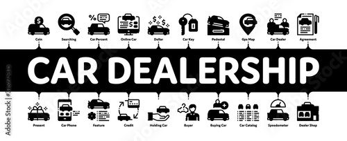 Car Dealership Shop Minimal Infographic Web Banner Vector. Car Dealership Agreement And Document, Auto Salon And Building, Key And Gps Mark Concept Illustrations