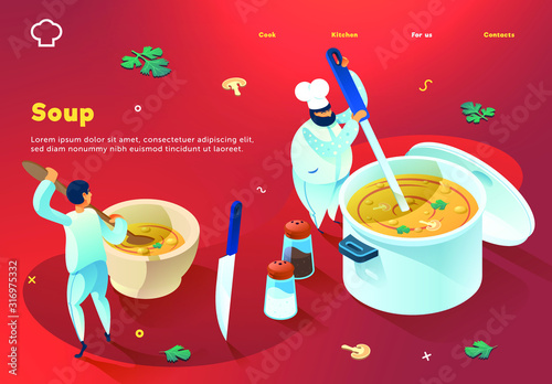 Chef prepares the soup, the assistant pours the soup into the plate. Web site concept. Colored spots on bright gradients.