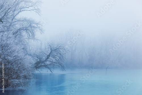 Beautiful frozen blue lake in winter time with trees covered in frost © Marina P.