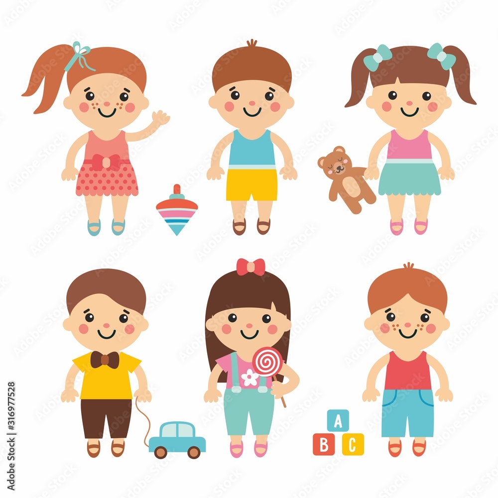 Funny kids - cute cartoon collection with sweet children. Boys and girls character with toys. Teddy, balloon, bricks, candy, whirligig and car. Simple and flat style. Funny kids - cute cartoon collection with sweet children. Boys and girls character with toys. Teddy, balloon, bricks, candy, whirligig and car. Simple and flat style.