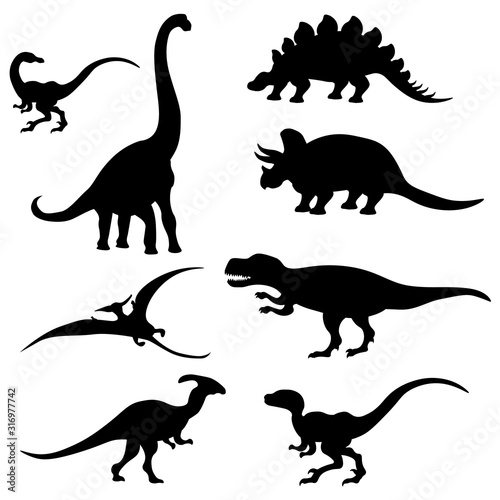 Vector set of different dinosaur silhouettes on a white isolated background.
