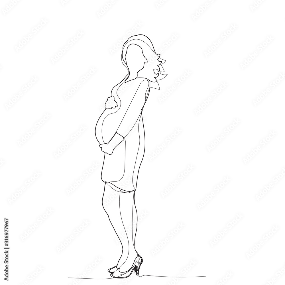 vector, isolated, continuous line drawing, pregnant girl