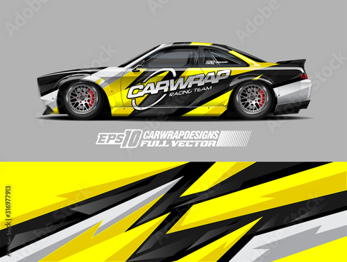Car wrap decal graphic design. Abstract stripe racing background designs for wrap cargo van, race car, pickup truck, adventure vehicle. Eps 10