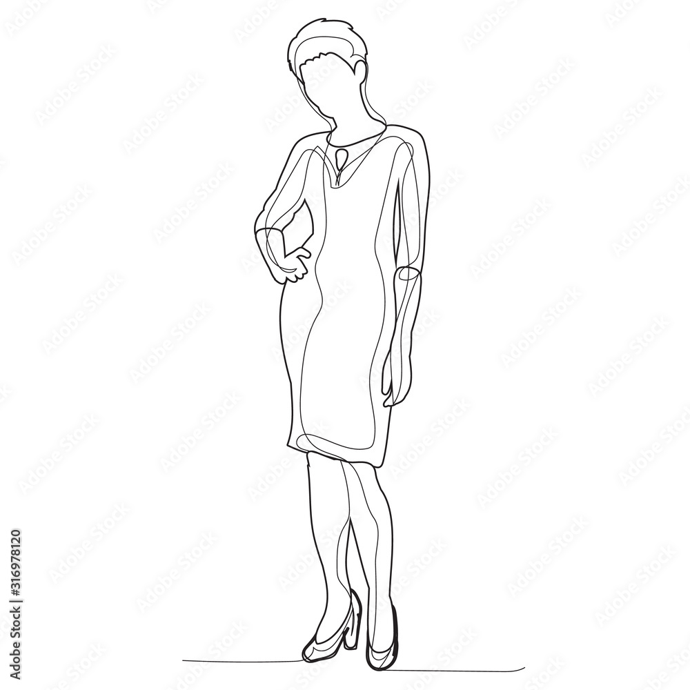 isolated, continuous line drawing, woman stands isolated, continuous line drawing, woman stands