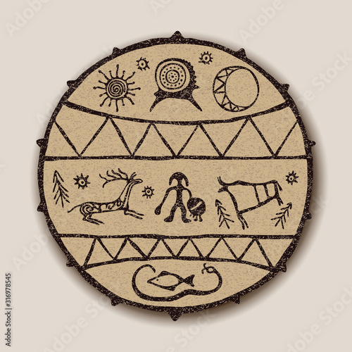 Vector drawing, improvisation on the theme of shamanic tambourine. The ancient culture of the peoples of Siberia.