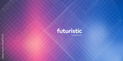 Beautiful vector abstract grunge neon glowing multicolored background. Blue and violet gamma, bokeh light and many straight lines. Modern retrowave banner with space for text or your product.