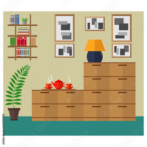 Cozy living room with a wardrobe, books and other decorations. Vector illustration on the theme of the interior.