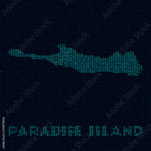 Paradise Island tech map. Island symbol in digital style. Cyber map of Paradise Island with island name. Creative vector illustration.