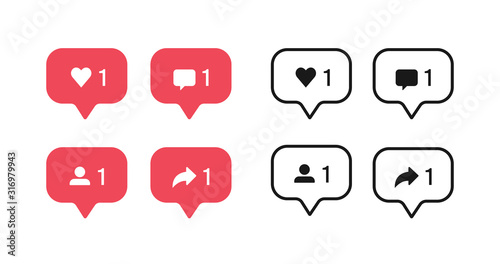 Social networks icons set. Like, follower, comment, follower speech notification sign vector design.