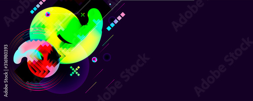 Abstract vector Dark Blue 3d neon banner in the style of a futuristic future, space with planets, balls background