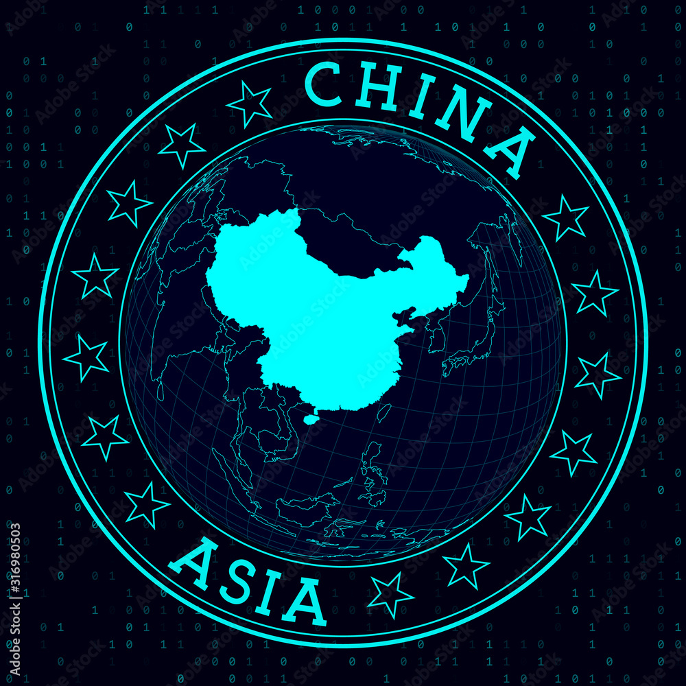 China round sign. Futuristic satellite view of the world centered on China. Country badge with map, round text, and binary background. Captivating vector illustration. China round sign. Futuristic satellite view of the world centered on China. Country badge with map, round text, and binary background. Captivating vector illustration.