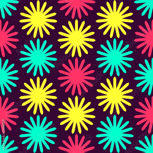 Seamless geometric pattern with bright colorful floral ornament.