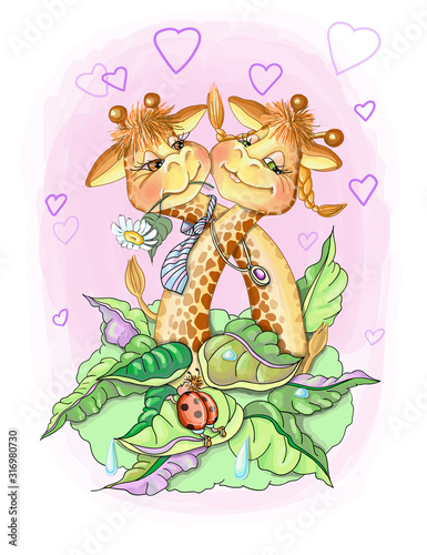 vector illustration valentine two loers giraffe girl and boy