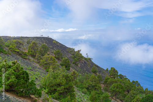 View from the edge of the volcanic crater San Antonio to La Palma  Spain  to the valley and the Altantic Ocean
