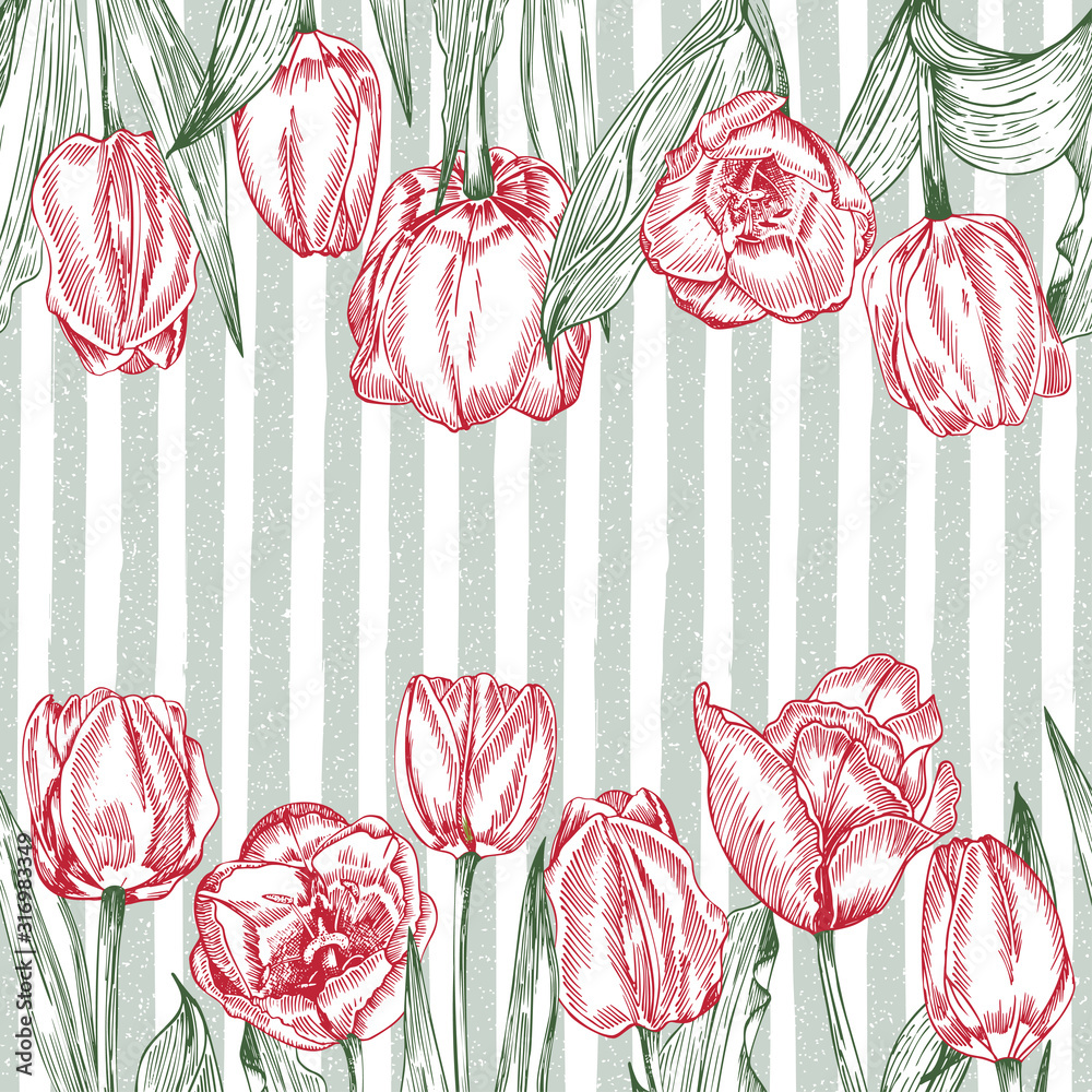 Greeting background with Spring flower tulips bouquet in red and green colors. Horizontal seamless pattern