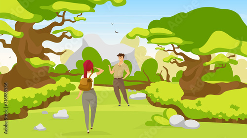Couple of backpackers flat vector illustration. Woman and man blazing trail on forest. Trekkers walking on path through woods. Hikers search for way in rainforest. Tourists cartoon characters photo