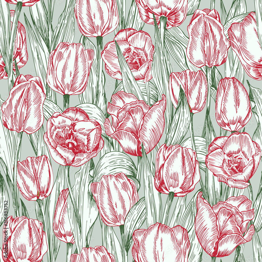 Greeting seamless with Spring flower tulips bouquet in red and green colors on blue background. Engraving drawing Vintage style