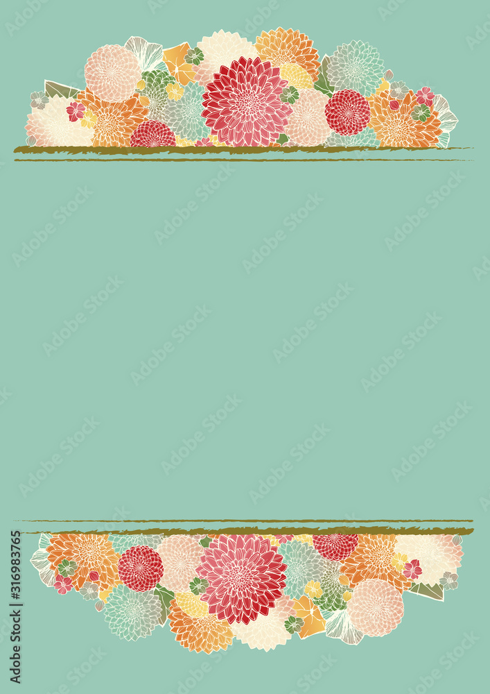 和柄の背景素材 レトロ アンティーク 青緑 ターコイズ 和風 着物風 手書きの花柄 結婚式のフレーム素材 Illustration Stock Adobe Stock