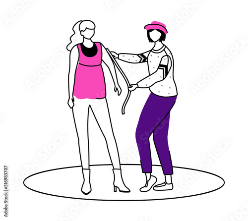Fashion designer making measurements flat contour vector illustration. Individual tailoring isolated cartoon outline character on white background. Clothing atelier assistant simple drawing