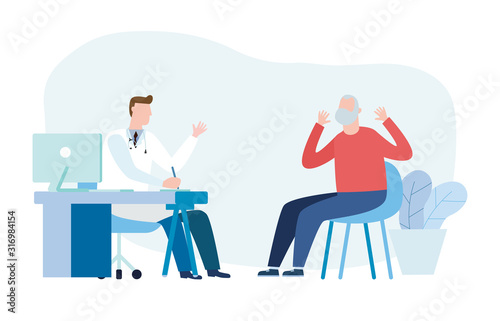 Medicine concept with psychiatrist doctor and old patient. Practitioner doctor and senior man patient in hospital medical office. Consultation and diagnosis of mental health. Vector illustration flat