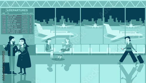 airport  terminal interior monochrome drawing