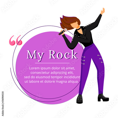 Female singer flat color vector illustration. Rock band frontwoman. Musician. Isolated cartoon character. Quote blank frame template. Round purple speech bubble. Quotation, citation text box design.
