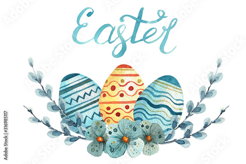 Composition  hand drawn watercolor elements for easter design. eggs, branches, flowers, pussy willow. Blue and orange elements. Best for greeting cards, posters, fabric, ceramic, textile, scrapbooking