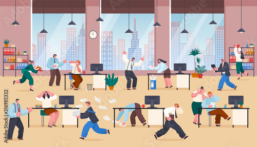 People stressed of work and tasks. Chaos in business office, workers rushing and coping with paperwork. Frustrated characters at working place. Employer shouting at employee, vector. Overworked time